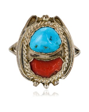 Handmade Certified Authentic Navajo .925 Sterling Silver Turquoise and Coral Native American Ring  371068328700
