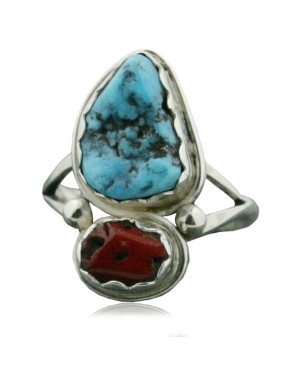Handmade Certified Authentic Navajo .925 Sterling Silver Turquoise and Coral Native American Ring  390735954637