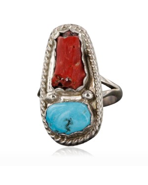 Handmade Certified Authentic Navajo .925 Sterling Silver Turquoise and Coral Native American Ring  390743237905
