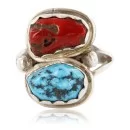 Handmade Navajo .925 Sterling Silver Turquoise and CORAL Native American Ring 390785195752