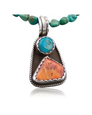 Handmade Certified Authentic Navajo .925 Sterling Silver Turquoise and Spiny Oyster Native American Necklace 390593289491