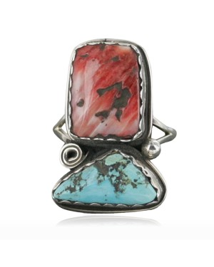 Handmade Certified Authentic Navajo .925 Sterling Silver Turquoise and Spiny Oyster Native American Ring  370917003840