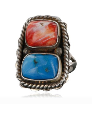 Handmade Certified Authentic Navajo .925 Sterling Silver Turquoise and Spiny Oyster Native American Ring  390743358907