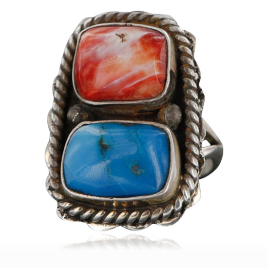 Handmade Certified Authentic Navajo .925 Sterling Silver Turquoise and Spiny Oyster Native American Ring  390743358907