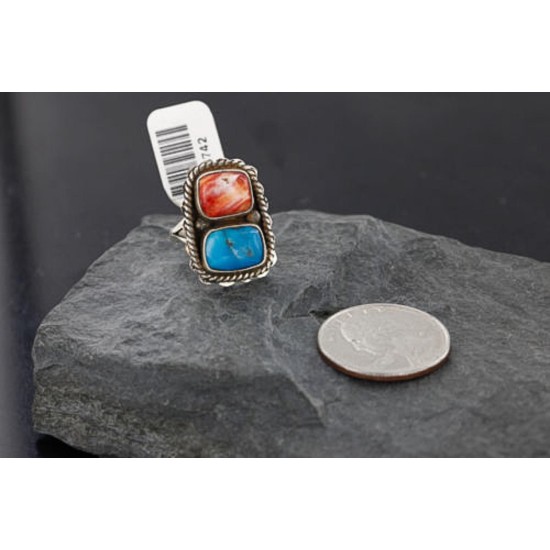 Handmade Certified Authentic Navajo .925 Sterling Silver Turquoise and Spiny Oyster Native American Ring  390743358907