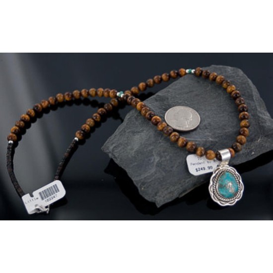 Handmade Certified Authentic Navajo .925 Sterling Silver Turquoise and Tigers Eye Native American Necklace & Pendant 370892779372
