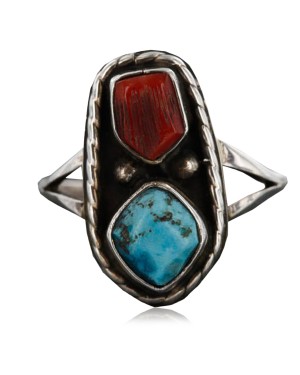 Handmade Certified Authentic Navajo .925 Sterling Silver Turquoise Coral Native American Ring  370980408002