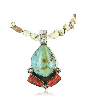 Handmade Certified Authentic Navajo .925 Sterling Silver Turquoise, Gaspeite and Coral Native American Necklace 390851652619