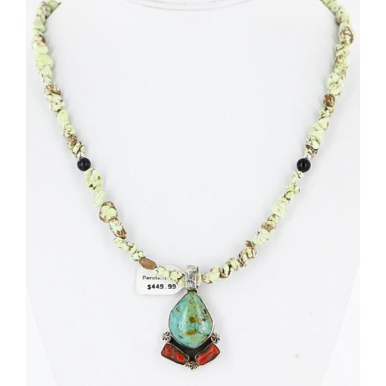 Handmade Certified Authentic Navajo .925 Sterling Silver Turquoise, Gaspeite and Coral Native American Necklace 390851652619