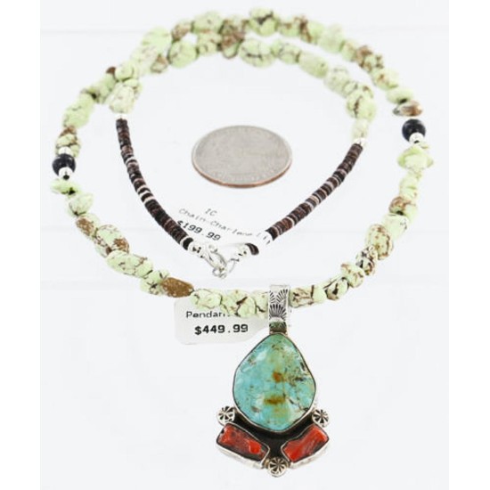 Handmade Certified Authentic Navajo .925 Sterling Silver Turquoise, Gaspeite and Coral Native American Necklace 390851652619
