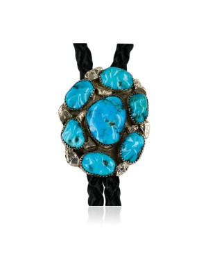 Handmade Certified Authentic Navajo .925 Sterling Silver Turquoise Nuggets Native American Leather Bolo Tie  1189