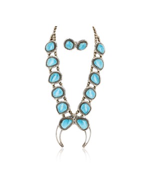 Handmade Certified Authentic Navajo .925 Sterling Silver Turquoise Squash Blossom Native American Necklace and Earrings Set Ray Begay 15740-17659