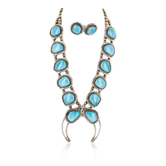Handmade Certified Authentic Navajo .925 Sterling Silver Turquoise Squash Blossom Native American Necklace and Earrings Set Ray Begay 15740-17659
