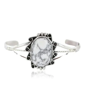 Handmade Navajo .925 Sterling Silver White Howlite Native American Bracelet 13091