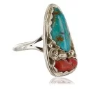 Handmade Navajo .925 Sterling SilverONE Mountain Turquoise and Coral Native American Ring 370991304315