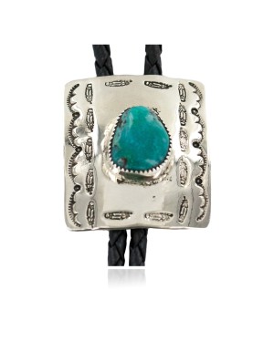 Handmade Certified Authentic Navajo Leather Nickel Natural Turquoise Native American Bolo Tie 24488-2