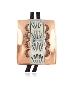 Handmade Certified Authentic Navajo Leather Pure Copper and Nickel Native American Bolo Tie 24489-5