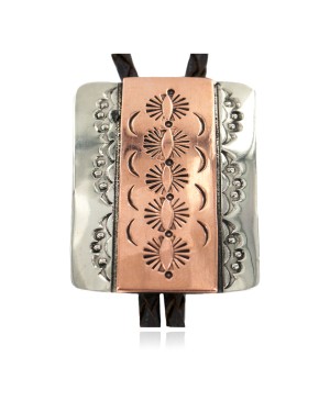 Handmade Certified Authentic Navajo Leather Pure Copper and Nickel Native American Bolo Tie 24489-7