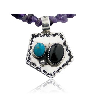 Handmade Certified Authentic Navajo Native .925 Sterling Silver Turquoise and Black Onyx Native American Necklace 390569988012