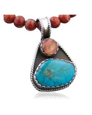 Handmade Certified Authentic Navajo Native .925 Sterling Silver Turquoise and Spiny Oyster Native American Necklace 390568625348