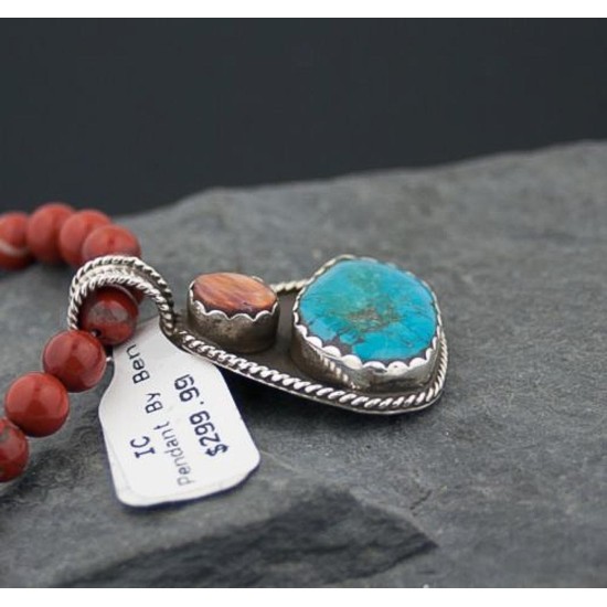 Handmade Certified Authentic Navajo Native .925 Sterling Silver Turquoise and Spiny Oyster Native American Necklace 390568625348