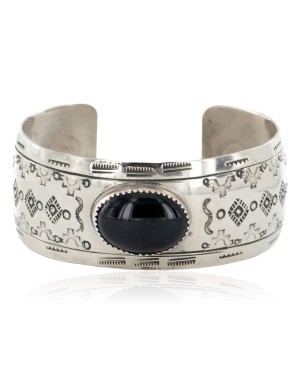 Handmade Certified Authentic Navajo Natural Black Onyx Nickel Native American Bracelet  12842