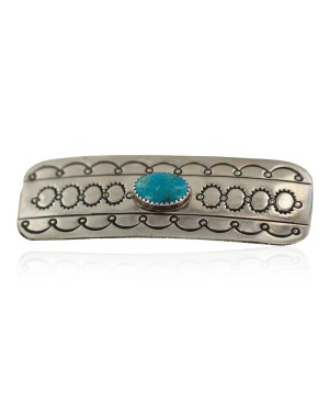 Handmade Certified Authentic Navajo Natural Turquoise Native American Nickel Hair Barrette 90001