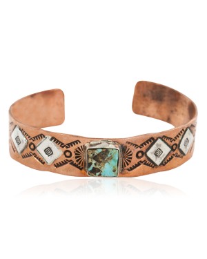 Handmade Certified Authentic Navajo Natural Turquoise Pure .925 Sterling Silver and Copper Native American Bracelet 1286-2