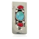 Handmade Navajo Nickel and .925 Sterling Silver Coral Natural Turquoise Native American Money Clip 11239-1
