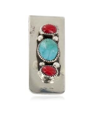 Handmade Certified Authentic Navajo Nickel and .925 Sterling Silver Coral Natural Turquoise Native American Money Clip 11239-1