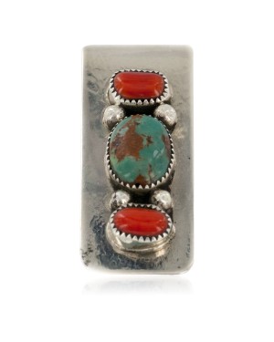 Handmade Certified Authentic Navajo Nickel and .925 Sterling Silver Coral Natural Turquoise Native American Money Clip 11239-2