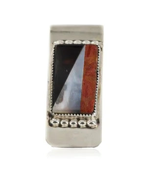 Handmade Navajo Nickel and .925 Sterling Silver Inlay Coral Natural Black Onyx Mother of Pearl Native American Money Clip 11263-1