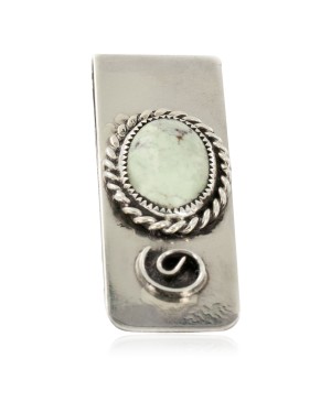 Handmade Certified Authentic Navajo Nickel and .925 Sterling Silver Natural Gaspeite Native American Money Clip 11249-3