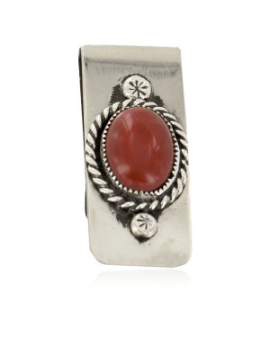 Handmade Certified Authentic Navajo Nickel and .925 Sterling Silver Natural Red Jasper Native American Money Clip 11250-1