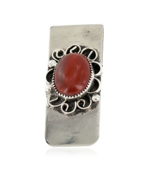 Handmade Certified Authentic Navajo Nickel and .925 Sterling Silver Natural Red Jasper Native American Money Clip 11250-3