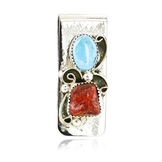 Handmade Certified Authentic Navajo Nickel and .925 Sterling Silver Natural Turquoise Coral Native American Money Clip 10525-6