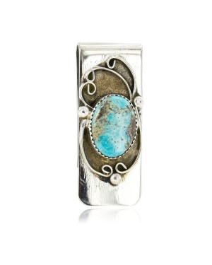 Handmade Certified Authentic Navajo Nickel and .925 Sterling Silver Natural Turquoise Native American Money Clip 10524-1