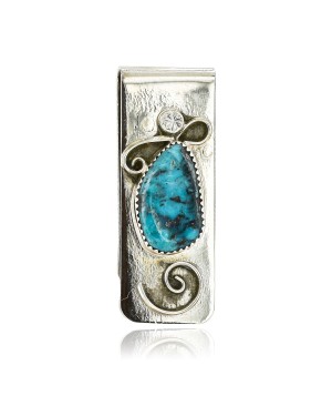 Handmade Certified Authentic Navajo Nickel and .925 Sterling Silver Natural Turquoise Native American Money Clip 10524-2