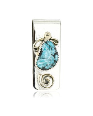 Handmade Certified Authentic Navajo Nickel and .925 Sterling Silver Natural Turquoise Native American Money Clip 10524-4