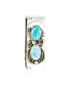 Handmade Certified Authentic Navajo Nickel and .925 Sterling Silver Natural Turquoise Native American Money Clip 10525-1