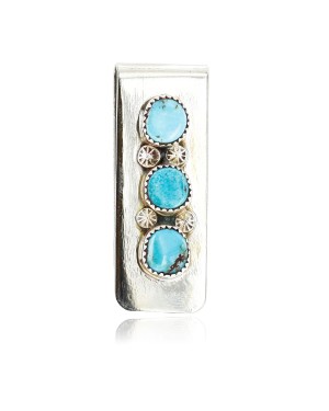 Handmade Certified Authentic Navajo Nickel and .925 Sterling Silver Natural Turquoise Native American Money Clip 10528-2