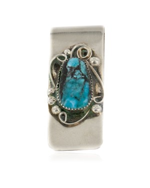 Handmade Certified Authentic Navajo Nickel and .925 Sterling Silver Natural Turquoise Native American Money Clip 10529