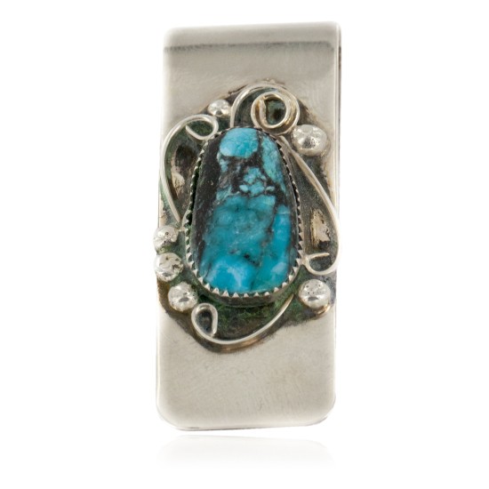 Handmade Certified Authentic Navajo Nickel and .925 Sterling Silver Natural Turquoise Native American Money Clip 10529