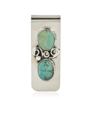 Handmade Certified Authentic Navajo Nickel and .925 Sterling Silver Natural Turquoise Native American Money Clip 10530-2