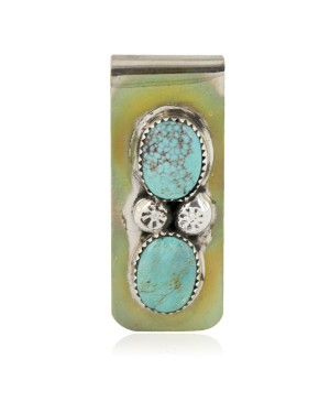 Handmade Certified Authentic Navajo Nickel and .925 Sterling Silver Natural Turquoise Native American Money Clip 10530-5