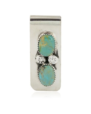 Handmade Certified Authentic Navajo Nickel and .925 Sterling Silver Natural Turquoise Native American Money Clip 10530-7