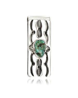Handmade Certified Authentic Navajo Nickel and .925 Sterling Silver Natural Turquoise Native American Money Clip 11238-11