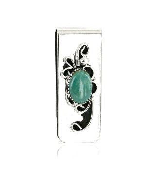 Handmade Certified Authentic Navajo Nickel and .925 Sterling Silver Natural Turquoise Native American Money Clip 11238-6
