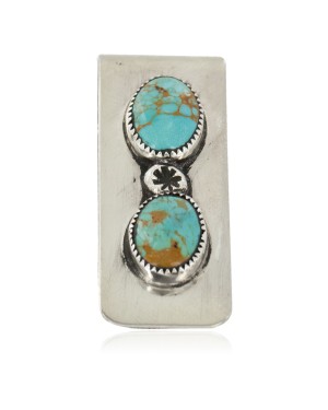 Handmade Certified Authentic Navajo Nickel and .925 Sterling Silver Natural Turquoise Native American Money Clip 11240-1