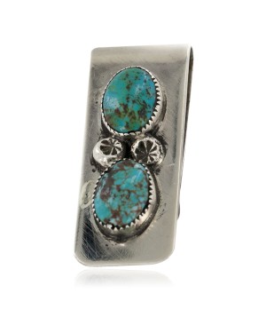 Handmade Certified Authentic Navajo Nickel and .925 Sterling Silver Natural Turquoise Native American Money Clip 11240-3